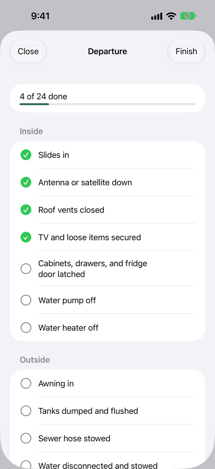 The departure checklist, inside and outside items, four checked
