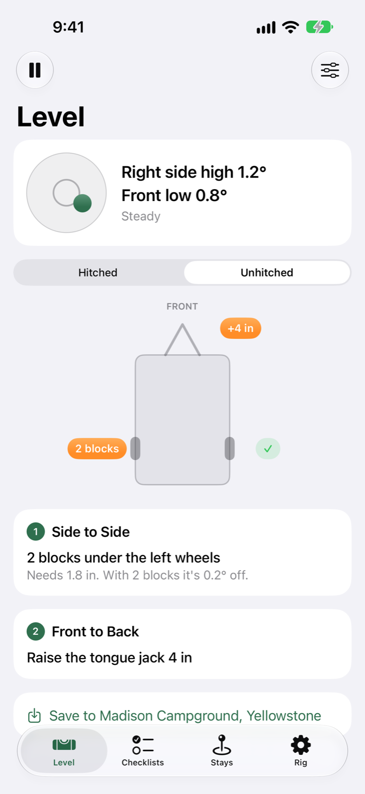 Level: right side high 1.2 degrees, with 2 blocks under the left wheels and the tongue jack up 4 inches